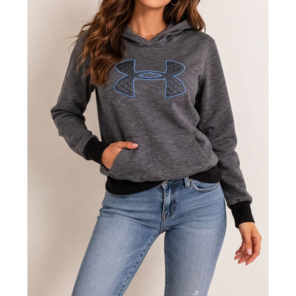 Under Armour Women’s Small Gray Blue Logo Fleece Hoodie Sweatshirt Pullover S